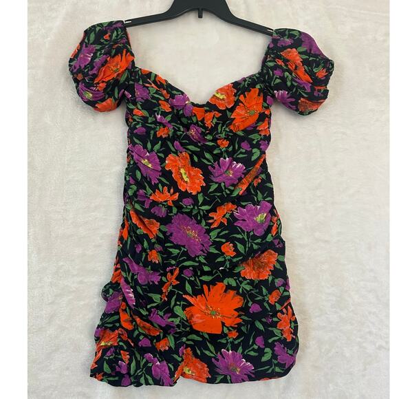NWT Zara Ruche Mini Dress L Bodycon Floral Festival Party Club - Picture 1 of 9